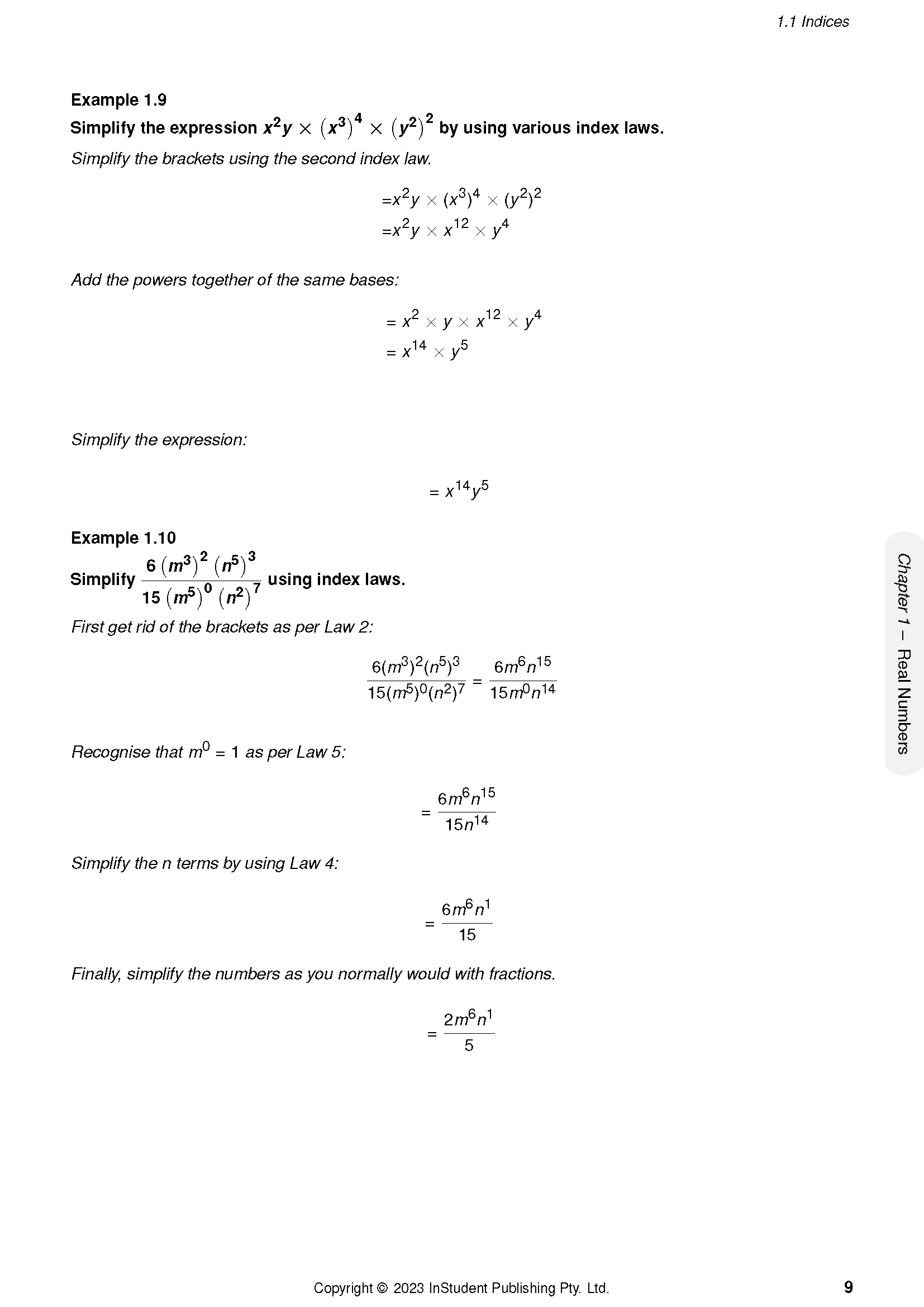 Course notes page by ATAR Notes, displaying index laws examples and calculations from the material.