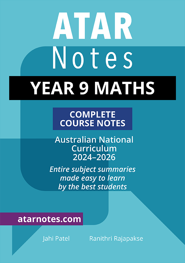 Year 9 Maths Complete Course Notes by ATAR Notes, featuring a teal blue cover with white and black text.