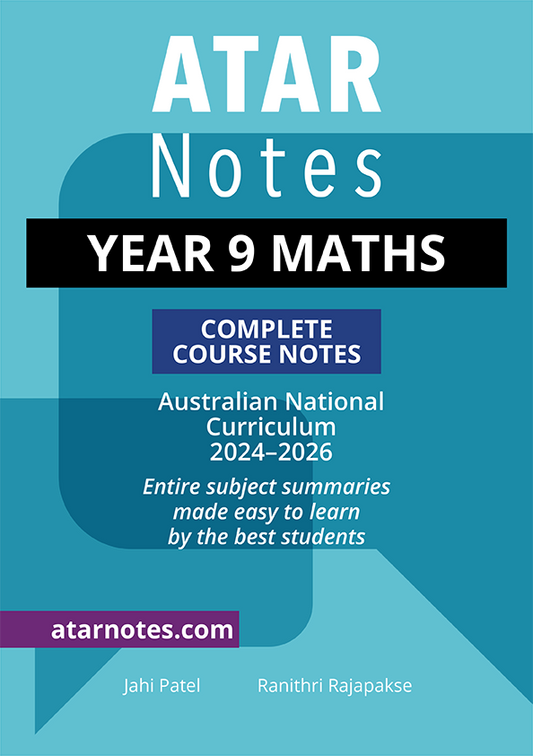 Year 9 Maths Complete Course Notes by ATAR Notes, featuring a teal blue cover with white and black text.