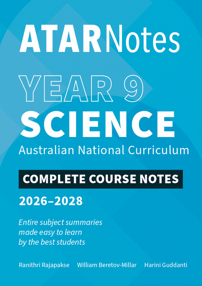 Complete Course Notes for Year 9 Science (2026-2028) by ATAR Notes, featuring white and outlined text for the Australian National Curriculum on a blue background.