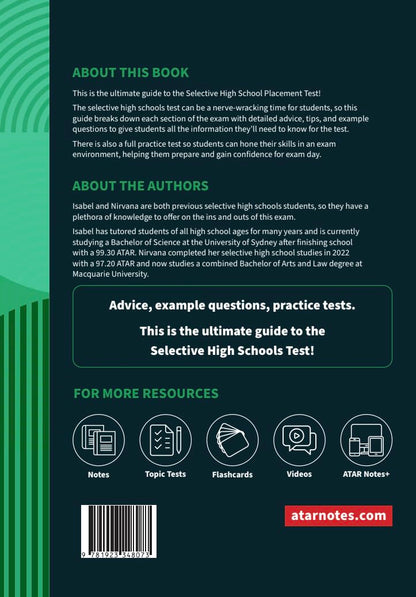Dark teal Selective Schools Test guide book by ATAR Notes, back cover displaying description, resource icons, barcode, and website.