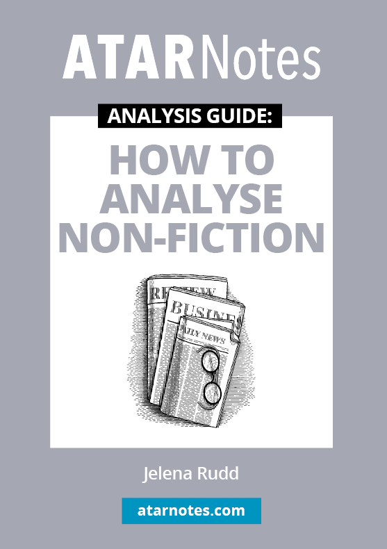 Non-fiction analysis guide by ATAR Notes, featuring its title, author Jelena Rudd, and an illustration of stacked newspapers with spectacles.