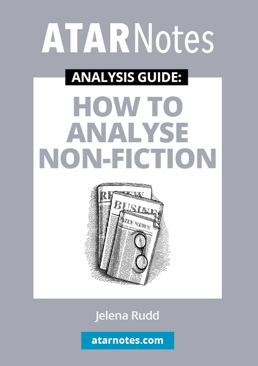 Non-fiction analysis guide by ATAR Notes, featuring its title, author Jelena Rudd, and an illustration of stacked newspapers with spectacles.