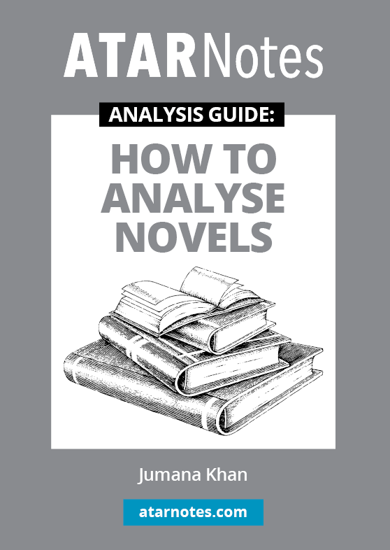 Analysis Guide by ATAR Notes, titled "How to Analyse Novels," featuring a stack of books illustration and author Jumana Khan.