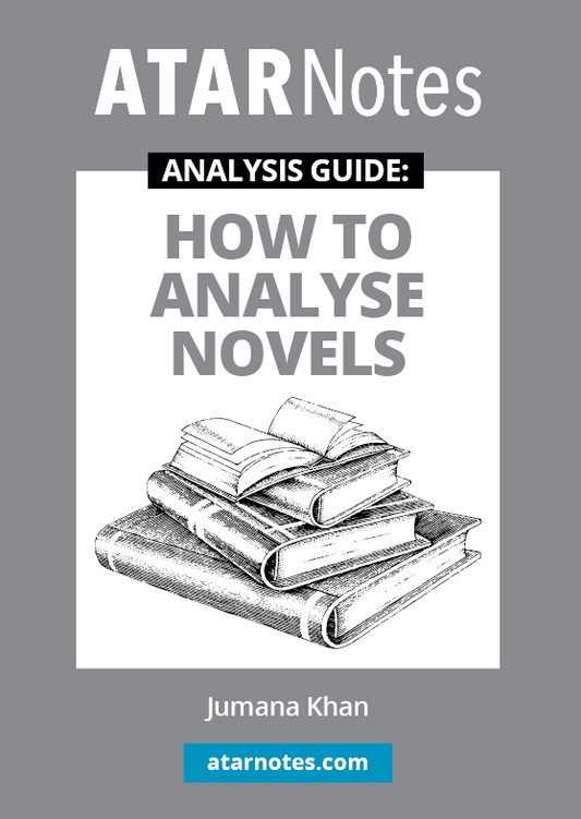 Analysis Guide by ATAR Notes, titled "How to Analyse Novels," featuring a stack of books illustration and author Jumana Khan.