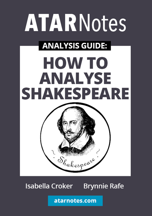Analysis Guide on How To Analyse Shakespeare by ATAR Notes, dark grey cover with Shakespeare portrait and white text.