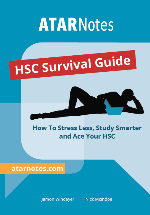 HSC Survival Guide by ATAR Notes, a blue and grey cover with a red banner and a silhouette reading.