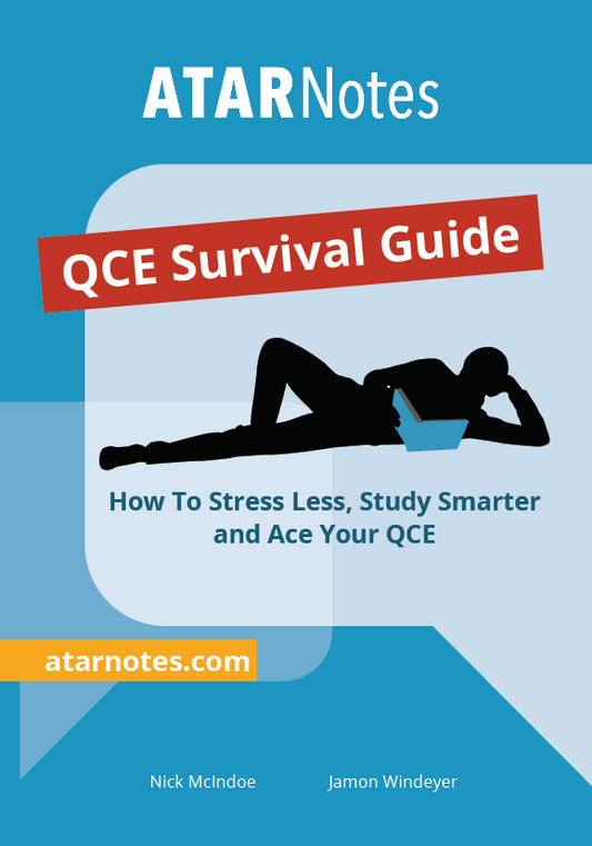 QCE Survival Guide study planner by ATARNotes, blue and white cover with red title banner and subtitle, showing a relaxed person reading.