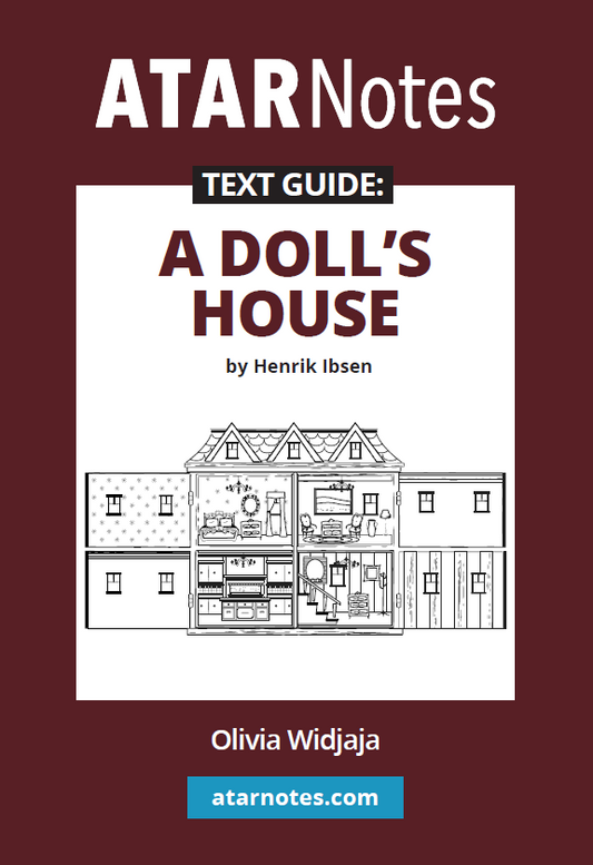 Text guide for A Doll's House by Henrik Ibsen by ATARNotes, featuring a black and white dollhouse illustration on a red background.