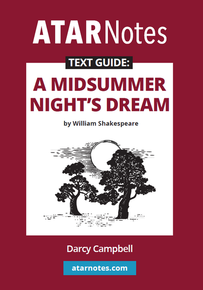 A Midsummer Night's Dream text guide from ATARNotes, featuring a dark red cover with a white title section and moonlit tree illustration.