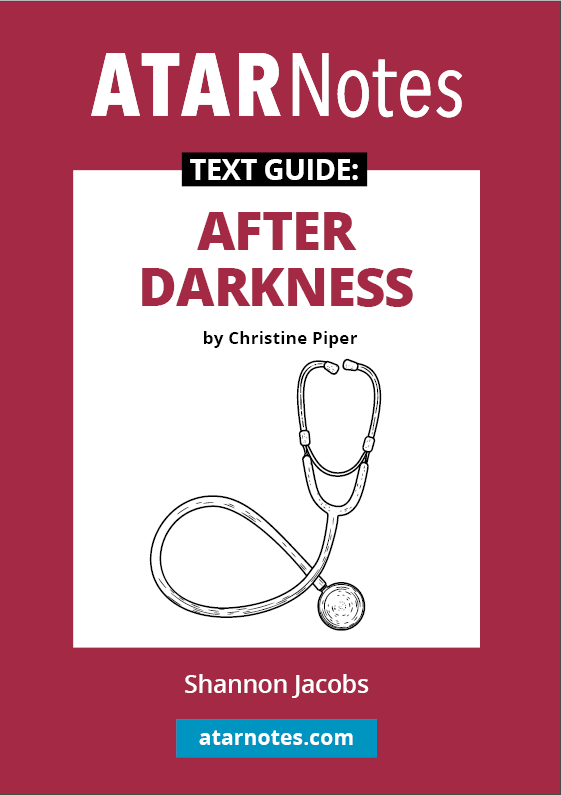 Burgundy and white Text Guide by ATARNotes for 'After Darkness' by Christine Piper, featuring a stethoscope illustration.