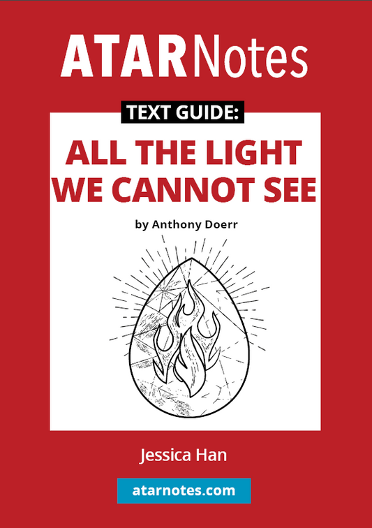 Text Guide for All the Light We Cannot See by Anthony Doerr, from ATARNotes, showing a red cover with a glowing gem illustration.