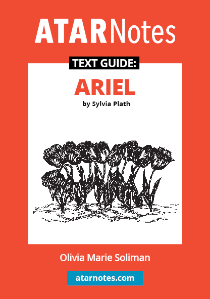 Text guide for Ariel by Sylvia Plath, featuring a red and white cover with an ATARNotes logo and tulip drawing.