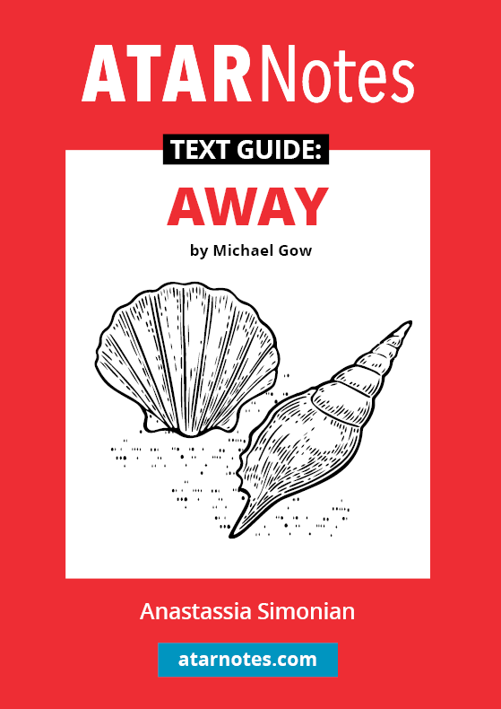 Red and white Text Guide for 'Away by Michael Gow' by ATARNotes, featuring a scallop and spiral seashell on the cover.