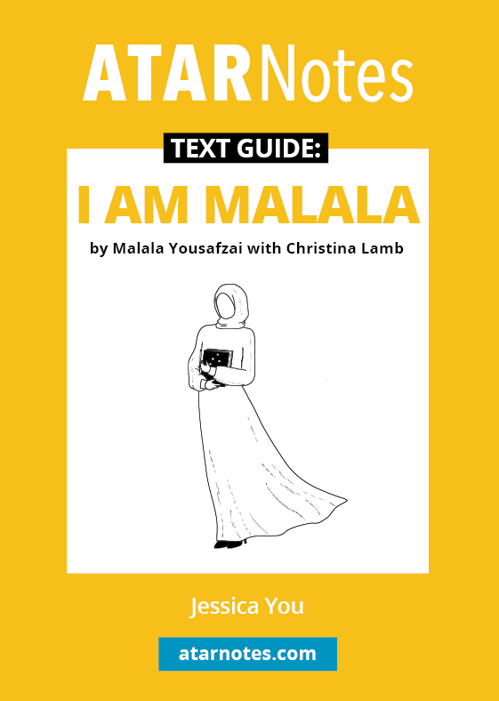 Text Guide for 'I AM MALALA' by Jessica You, on a yellow and white cover with a woman in a hijab holding a book, and ATARNotes.