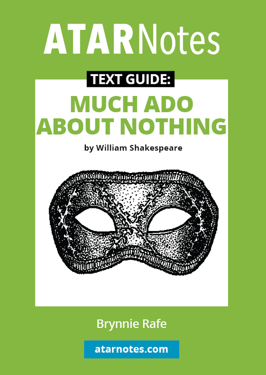 Green and white text guide for Much Ado About Nothing by William Shakespeare from ATARNotes, featuring a decorative mask drawing.