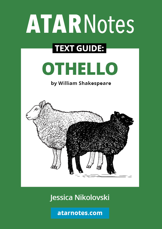 Green text guide for Othello by William Shakespeare, featuring an illustration of a white and black sheep.