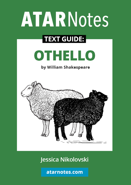 Green text guide for Othello by William Shakespeare, featuring an illustration of a white and black sheep.
