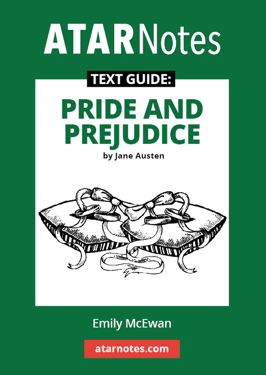 Green and white Text Guide by ATARNotes for "Pride and Prejudice by Jane Austen," featuring an illustration of two pillows with ribbons.