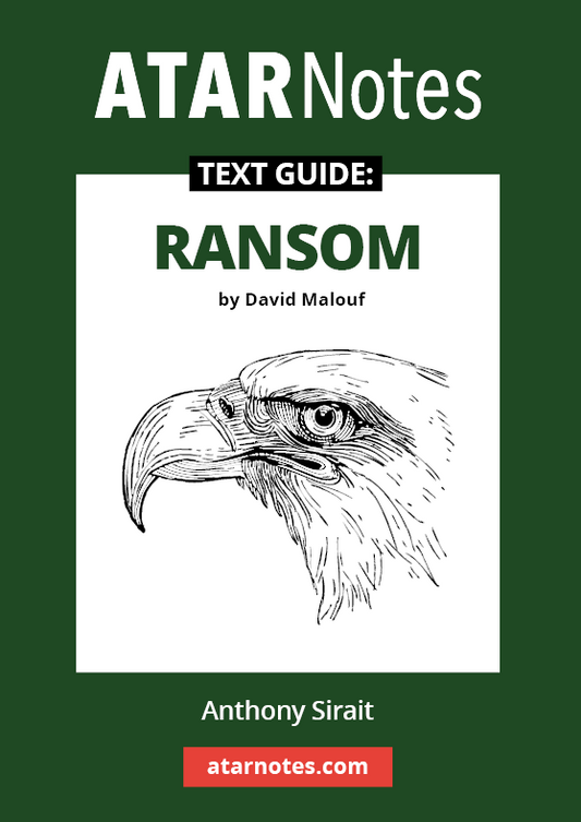 Text Guide: Ransom by David Malouf, by ATARNotes, featuring a black and white eagle head drawing on a dark green and white cover.