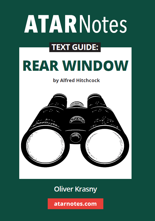 Dark green text guide by ATARNotes for 'Rear Window' by Alfred Hitchcock, with black binoculars illustration and Oliver Krasny's name.