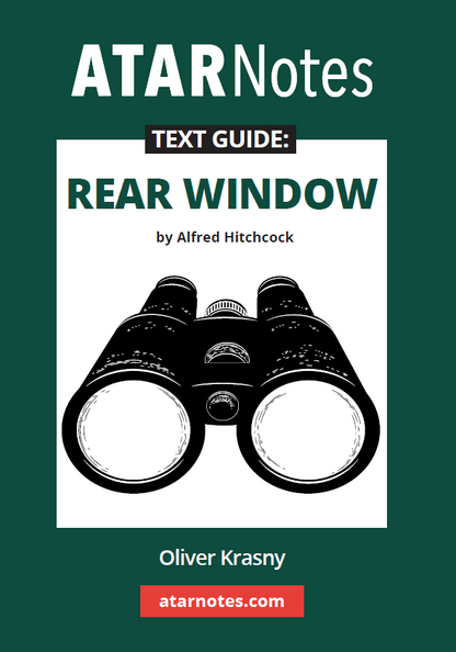 Dark green text guide by ATARNotes for 'Rear Window' by Alfred Hitchcock, with black binoculars illustration and Oliver Krasny's name.