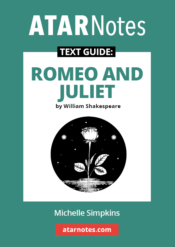 Text guide for Romeo and Juliet by William Shakespeare, white cover with a rose illustration on a teal background.