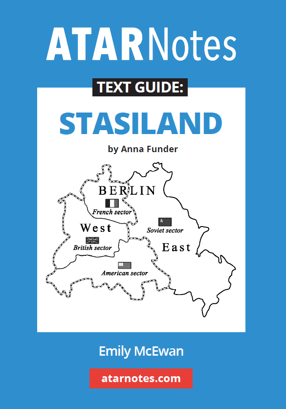 Text Guide for Stasiland by Anna Funder, by ATARNotes, with a blue and white cover featuring a map of divided Berlin.