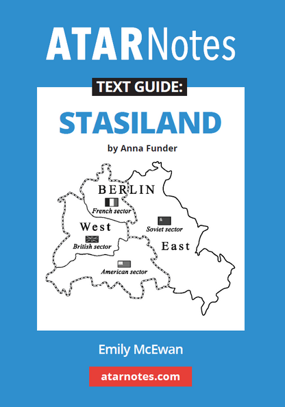 Text Guide for Stasiland by Anna Funder, by ATARNotes, with a blue and white cover featuring a map of divided Berlin.