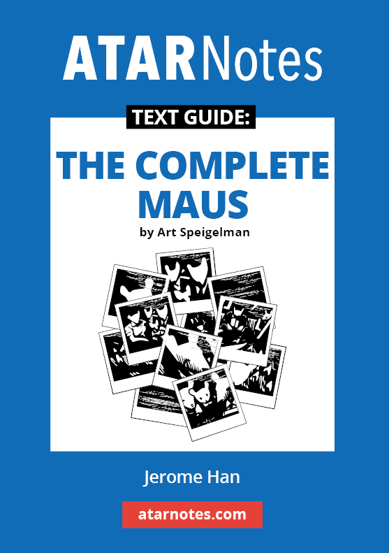 Blue and white text guide by ATARNotes, titled The Complete Maus by Art Spiegelman, authored by Jerome Han, featuring comic panels.