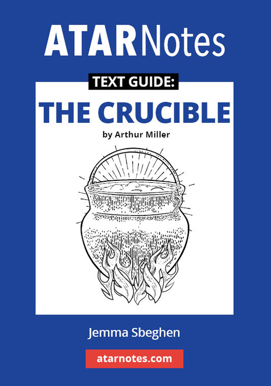 Text Guide to The Crucible by Arthur Miller from ATARNotes, with a blue cover and a black and white illustration of a crucible with flames.