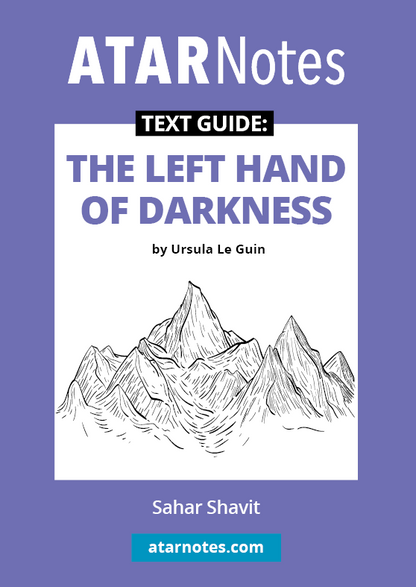 Purple text guide from ATARNotes for 'The Left Hand of Darkness' by Ursula Le Guin, by Sahar Shavit, showing white mountains.