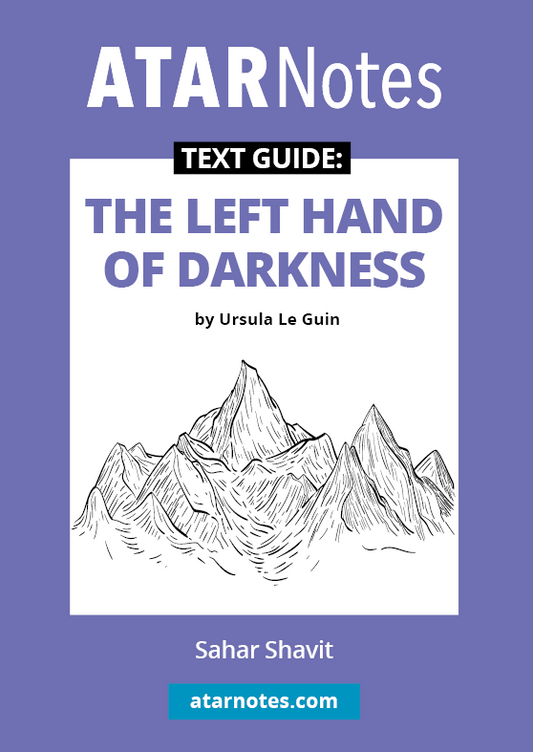 Purple text guide from ATARNotes for 'The Left Hand of Darkness' by Ursula Le Guin, by Sahar Shavit, showing white mountains.