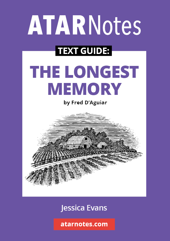 Purple and white text guide from ATARNotes for 'The Longest Memory' by Fred D'Aguiar, with a farm illustration.