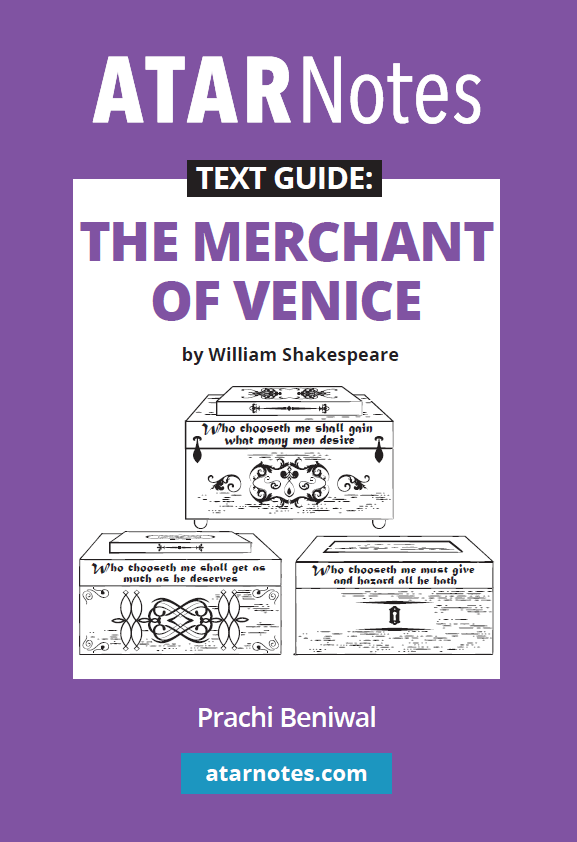 Text guide for The Merchant of Venice by ATARNotes, with a purple cover and an illustration of three caskets.