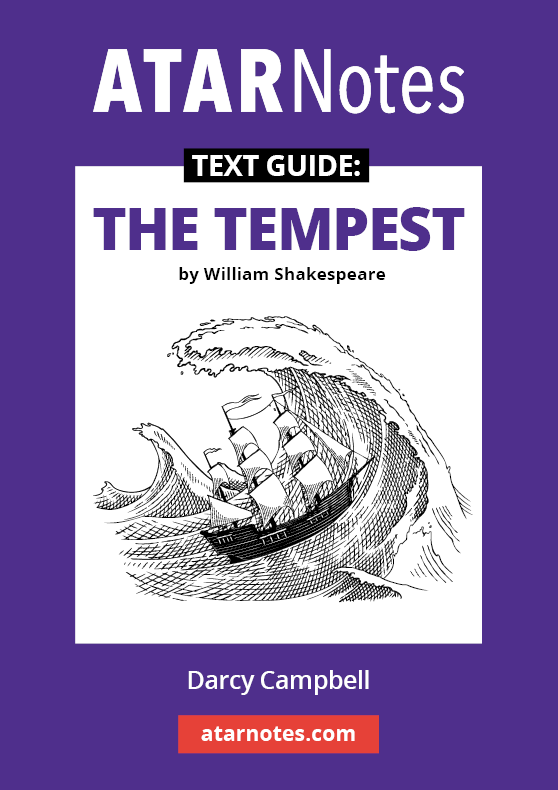 Purple and white Text Guide by ATARNotes for 'The Tempest' by William Shakespeare, featuring a ship on stormy waves.