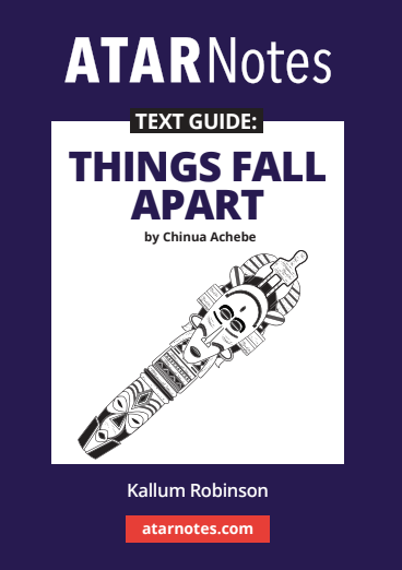 Text guide for Things Fall Apart by Chinua Achebe from ATARNotes, featuring an African-style mask illustration on a purple and white cover.