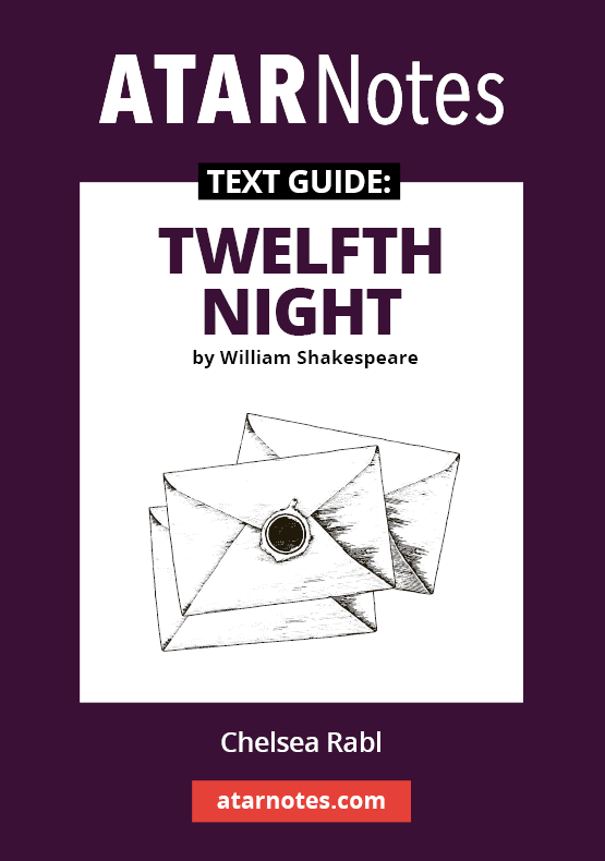 Text Guide with a dark purple and white cover, featuring 'ATARNotes' at the top and titled 'Twelfth Night by William Shakespeare,' with an illustration of three sealed letters.