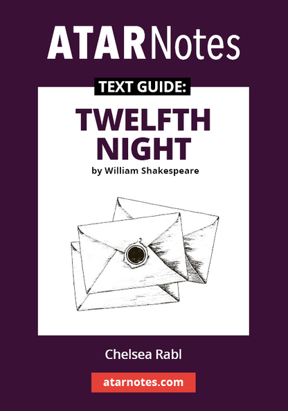 Text Guide with a dark purple and white cover, featuring 'ATARNotes' at the top and titled 'Twelfth Night by William Shakespeare,' with an illustration of three sealed letters.