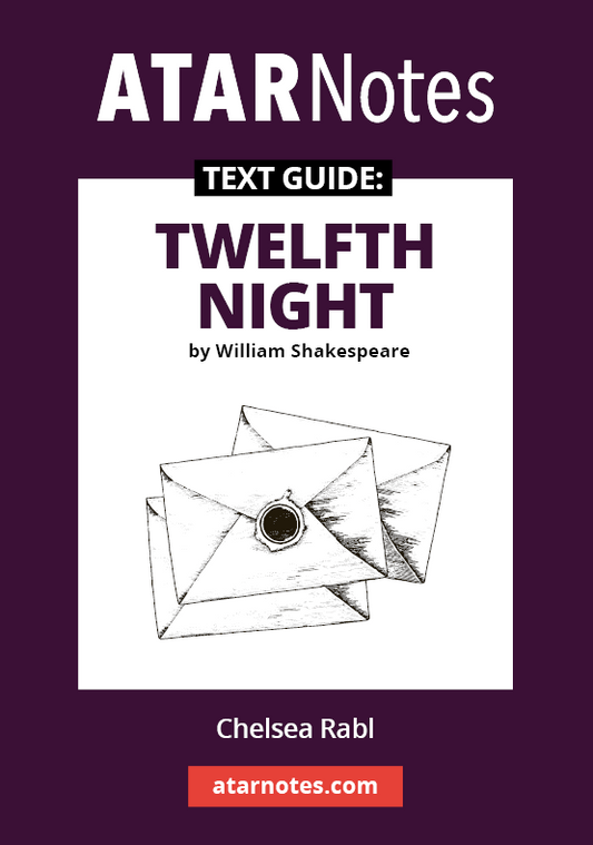 Text Guide with a dark purple and white cover, featuring 'ATARNotes' at the top and titled 'Twelfth Night by William Shakespeare,' with an illustration of three sealed letters.