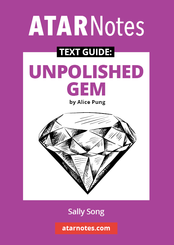 Text guide for Unpolished Gem by Alice Pung from ATARNotes, with a purple and white cover featuring a diamond illustration.
