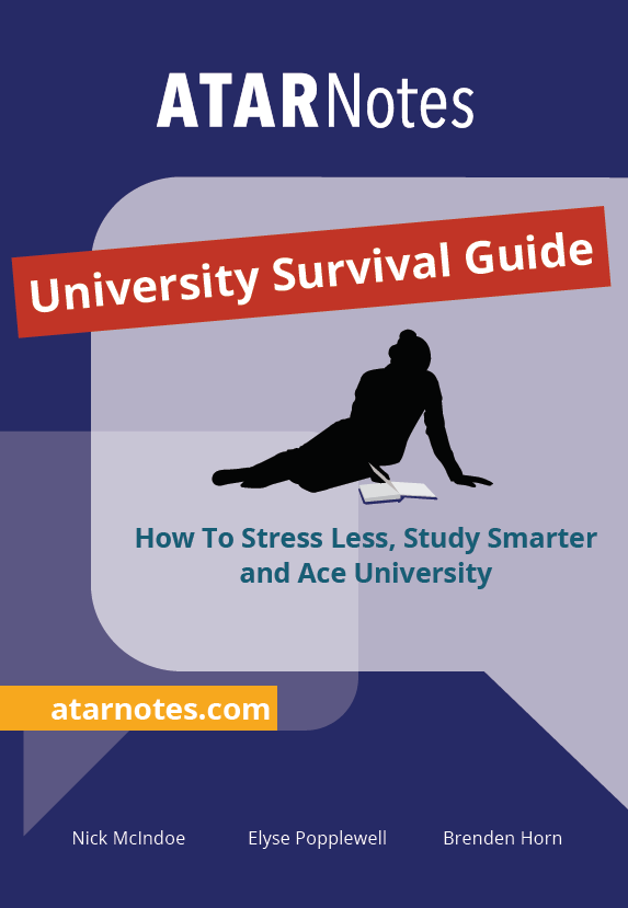 University Survival Guide book cover, dark blue with a red banner, showing a person's silhouette writing and key advice text.