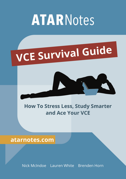 VCE Survival Guide Study Planner by ATAR Notes with a blue and grey cover, red title banner, and silhouette of a person reading.