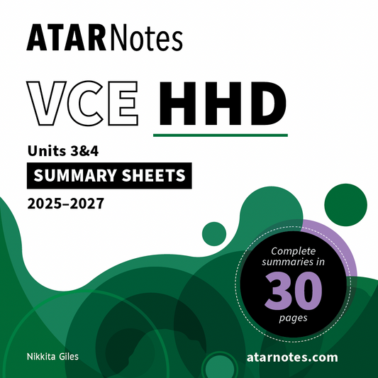 Health and Human Development summary sheets by ATAR Notes for VCE Units 3&4, with abstract green shapes and '30 pages' text.