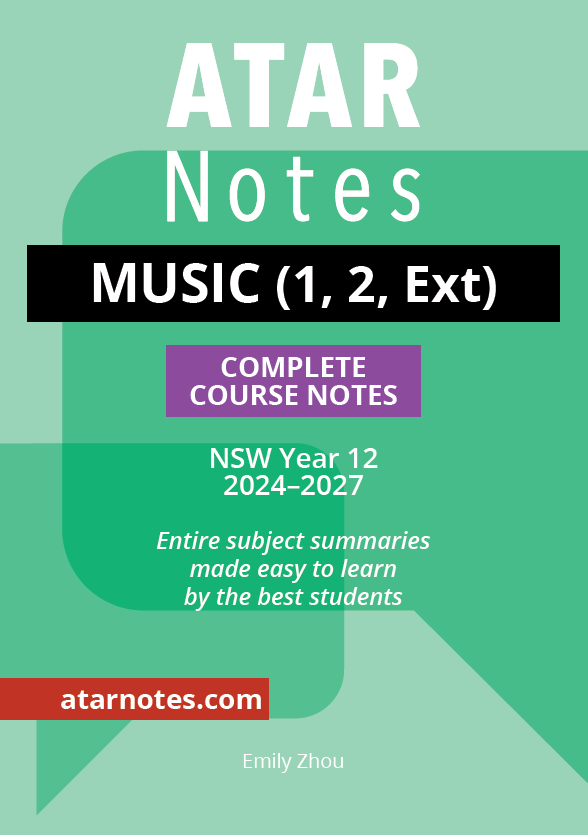 Teal/green HSC Year 12 Music Course Notes by ATAR Notes, featuring white title text, a black bar with "MUSIC (1, 2, Ext)", and a purple "COMPLETE COURSE NOTES" bar.
