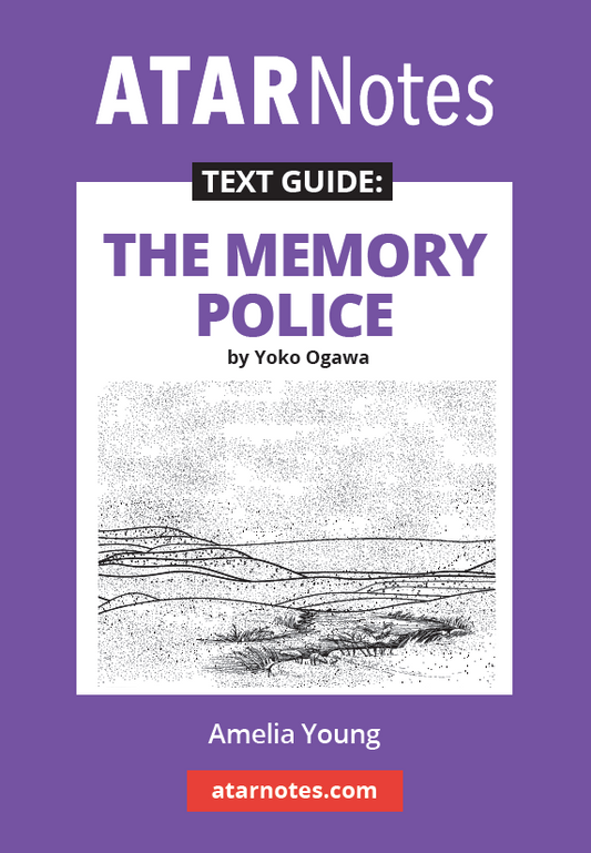 Text guide for The Memory Police by Yoko Ogawa from ATARNotes, with abstract art and author Amelia Young on purple.