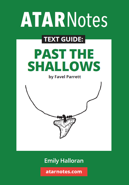 Text Guide for Past the Shallows by Favel Parrett by ATARNotes, featuring a shark tooth necklace illustration on a white panel against a green background.