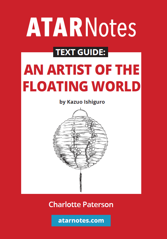 Red and white text guide by ATARNotes for An Artist of the Floating World, featuring a black and white lantern illustration.