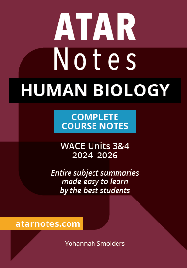 Human Biology course notes with a dark red cover by ATAR Notes, showing white and blue text.