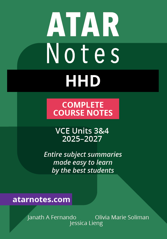 Green and black Complete Course Notes by ATAR Notes for VCE HHD, with white text and 'COMPLETE COURSE NOTES' on a pink banner.